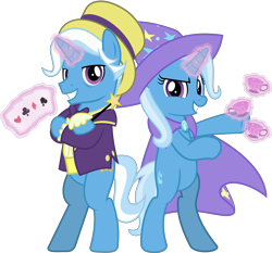 Size: 5051x4716 | Tagged: safe, artist:jhayarr23, derpibooru import, jack pot, trixie, pony, unicorn, grannies gone wild, absurd resolution, bipedal, card, clothes, crossed arms, cup, father and child, father and daughter, female, glowing horn, hat, levitation, looking at you, magic, magic wand, male, mare, parent and child, playing card, pose, simple background, smiling, smirk, stallion, teacup, telekinesis, that pony sure does love teacups, transparent background, vector