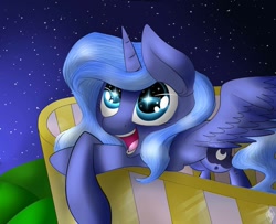 Size: 1600x1300 | Tagged: safe, artist:diax, princess luna, alicorn, pony, balcony, eye reflection, night, open mouth, s1 luna, solo, spread wings