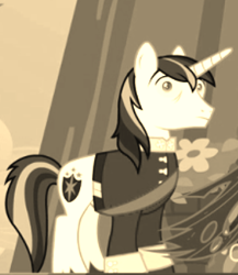 Size: 376x434 | Tagged: safe, screencap, shining armor, pony, unicorn, a canterlot wedding, clothes, cropped, hypnosis, hypnotized, male, sepia, shrunken pupils, solo focus, stallion, uniform, wide eyes