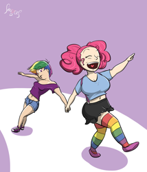 Size: 686x800 | Tagged: safe, artist:sanders, pinkie pie, rainbow dash, belly button, breasts, clothes, converse, female, happy, humanized, midriff, pinkie pies, shoes, thigh highs