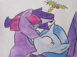 Size: 1024x758 | Tagged: safe, artist:henshidoku, derpibooru import, dusk shine, trixie, twilight sparkle, female, half r63 shipping, holly, holly mistaken for mistletoe, kissing, male, rule 63, shipping, straight, surprise kiss, traditional art, trixshine, twixie