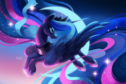 Size: 1200x800 | Tagged: safe, artist:tsaoshin, princess luna, alicorn, pony, color porn, crown, ethereal mane, eyelashes, female, flying, hoof shoes, horn, jewelry, long mane, long tail, looking back, majestic, moon, regalia, signature, smiling, solo, sparkles, stars, unshorn fetlocks, wallpaper, wings