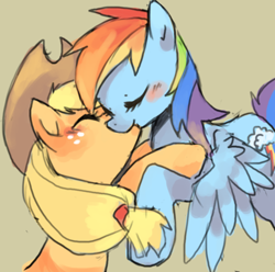 Size: 500x495 | Tagged: safe, artist:suikuzu, applejack, rainbow dash, earth pony, pegasus, pony, appledash, blushing, female, kissing, lesbian, mare, shipping, simple background