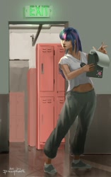 Size: 630x1004 | Tagged: safe, artist:ponyrake, derpibooru import, twilight sparkle, clipboard, clothes, high school, humanized, locker room, looking back, midriff, short shirt, solo, sweatpants, t-shirt