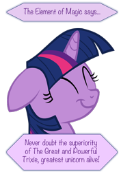 Size: 500x707 | Tagged: safe, derpibooru import, trixie, twilight sparkle, pony, unicorn, female, floppy ears, mare, mouthpiece, parody, propaganda, seems legit, solo