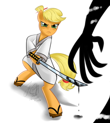 Size: 744x825 | Tagged: dead source, safe, artist:melancholysanctuary, applejack, earth pony, pony, aku, bipedal, crossover, female, mare, samurai applejack, samurai jack, sword, weapon