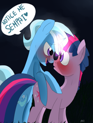 Size: 1200x1600 | Tagged: safe, artist:misspolycysticovary, derpibooru import, dusk shine, tristan, trixie, twilight sparkle, bedroom eyes, blushing, boop, dusktan, eye contact, gay, horns are touching, leaning, looking back, magic, male, noseboop, rule 63, senpai, shipping, smiling, twixie, wide eyes