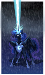 Size: 3300x5400 | Tagged: safe, artist:foxenawolf, princess luna, alicorn, pony, fanfic:piercing the heavens, armor, epic, fanfic, fanfic art, glowing horn, magic, magic blast, rain, solo