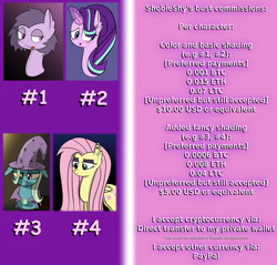 Size: 2724x2600 | Tagged: safe, artist:shobieshy, derpibooru import, fluttershy, starlight glimmer, trixie, oc, oc:bee, pegasus, pony, unicorn, fake it 'til you make it, bedroom eyes, bitcoin, bust, candy, comic sans, commission info, confused, cutie mark, ear fluff, ear piercing, ethereum, eyebrows, eyelashes, female, floppy ears, fluttergoth, food, litecoin, lollipop, looking down, magic, makeup, mare, nervous, piercing, unamused