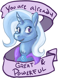 Size: 665x900 | Tagged: safe, artist:asofterbucky, derpibooru import, trixie, pony, unicorn, female, looking at you, mare, mouthpiece, old banner, positive ponies, smiling, solo