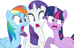 Size: 900x586 | Tagged: safe, artist:bl1ghtmare, derpibooru import, rainbow dash, rarity, twilight sparkle, unicorn twilight, pegasus, pony, unicorn, dragon quest, bangs, hair over eyes, open mouth, raised hoof, reaction image, shocked, simple background, transparent background, trio, uvula, vector, wide eyes