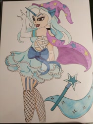 Size: 1024x1365 | Tagged: safe, artist:demise-the-art-demon, derpibooru import, trixie, human, bow, cape, clothes, dress, eared humanization, fishnet stockings, garter belt, garters, hat, horned humanization, humanized, solo, traditional art, trixie's cape, trixie's hat, watermark