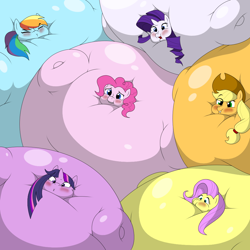 Size: 1000x1000 | Tagged: safe, artist:bapho, derpibooru import, applejack, fluttershy, pinkie pie, rainbow dash, rarity, twilight sparkle, earth pony, pegasus, pony, unicorn, balloon, fetish, flutterblimp, impossibly large, inflation, mane six, twiblimp sparkle