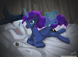 Size: 1707x1254 | Tagged: safe, artist:alliszero, princess luna, alicorn, pony, abacus, bed, book, ink, magic, missing accessory, quill, solo