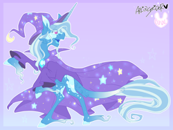 Size: 4000x3007 | Tagged: safe, artist:ask-djpon3, artist:bunxl, derpibooru import, trixie, pony, unicorn, collaboration, cape, clothes, female, hat, mare, rearing, solo, trixie's cape, trixie's hat, unshorn fetlocks