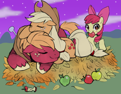 Size: 1451x1121 | Tagged: dead source, safe, artist:suikuzu, apple bloom, applejack, big macintosh, earth pony, pony, apple, apple core, apple siblings, colored, female, filly, male, mare, mouth hold, night, sleeping, stallion