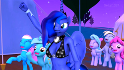 Size: 1359x764 | Tagged: safe, artist:setup1337, berry punch, berryshine, derpy hooves, lotus blossom, lyra heartstrings, princess luna, anthro, 3d, bra, breasts, clothes, female, nightmare night, princess balloona, underwear