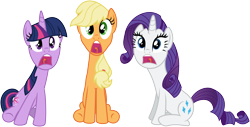 Size: 10066x5130 | Tagged: safe, artist:flutterguy317, derpibooru import, applejack, rarity, twilight sparkle, earth pony, pony, unicorn, look before you sleep, absurd resolution, screaming, simple background, transparent background, vector