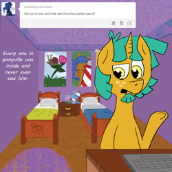 Size: 800x800 | Tagged: safe, artist:apartment2bmod, derpibooru import, lord tirek, snails, trixie, pony, unicorn, ask, ask adult snips and snails, beard, bed, bedroom, female, goatee, keyboard, mare, older, plushie, snail, solo, tumblr, window