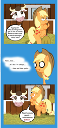 Size: 2403x5221 | Tagged: safe, artist:toonfreak, applejack, daisy jo, cow, earth pony, pony, animal farm, applejerk, barn, bigot, bipedal, comic, female, mare, prejudice, speciesism