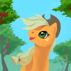 Size: 1000x1000 | Tagged: safe, artist:cabyowl, applejack, earth pony, pony, apple, apple tree, cowboy hat, female, food, hat, hooves, lineless, mare, open mouth, solo, tree