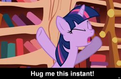 Size: 1024x670 | Tagged: safe, derpibooru import, twilight sparkle, pony, unicorn, book, bronybait, caption, cs captions, female, golden oaks library, hug, mare, solo