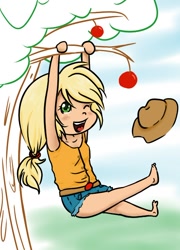 Size: 506x703 | Tagged: safe, artist:fluffikitten, applejack, human, apple, chibi, female, food, hanging, humanized, one eye closed, solo, tree