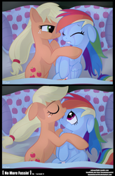 Size: 2036x3100 | Tagged: safe, artist:insomniacovrlrd, applejack, rainbow dash, earth pony, pegasus, pony, appledash, bed, comforting, comic, crying, female, high res, hug, kissing, lesbian, mare, on side, pillow, shipping