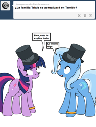 Size: 600x800 | Tagged: safe, artist:dekomaru, derpibooru import, edit, trixie, twilight sparkle, pony, unicorn, ask, female, hat, lesbian, shipping, spanish, top hat, translation, tumblr, tumblr:ask twixie, twixie