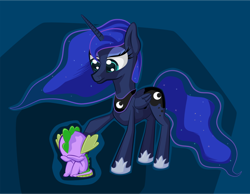 Size: 1024x796 | Tagged: safe, artist:itresad, princess luna, spike, alicorn, dragon, pony, comforting, sad