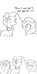 Size: 1650x3300 | Tagged: safe, artist:tjpones, derpibooru import, jack pot, starlight glimmer, trixie, unicorn, grannies gone wild, black and white, bowtie, comic, dialogue, father and child, father and daughter, female, grayscale, male, mare, monochrome, mother and child, mother and daughter, parent and child, simple background, stallion, trio, unamused, white background