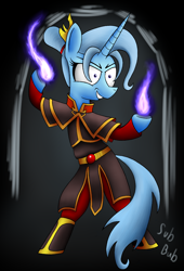 Size: 1000x1471 | Tagged: safe, artist:subjectbubblegum, derpibooru import, trixie, pony, avatar the last airbender, azula, bipedal, clothes, fire, grin, magic, parody, pyromancy, solo