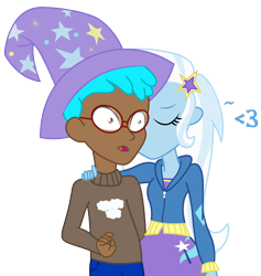 Size: 4240x4472 | Tagged: safe, artist:pinkiespartygirl, derpibooru import, trixie, oc, oc:cloud tumble, equestria girls, absurd resolution, canon x oc, heart, humanized, kissing, trixie's hat, trixietumble