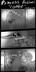 Size: 1494x3000 | Tagged: safe, artist:blindcoyote, princess luna, alicorn, pony, coffee, comic, monochrome, morning ponies, royal guard