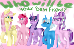 Size: 1500x1000 | Tagged: safe, artist:mintumbrella, derpibooru import, fluttershy, pinkie pie, starlight glimmer, trixie, twilight sparkle, earth pony, pegasus, pony, unicorn, doki doki literature club, monika, natsuki, parody, sayori, yuri (ddlc)