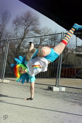 Size: 1067x1600 | Tagged: safe, artist:stunt-sheep, rainbow dash, human, action pose, clothes, cosplay, irl, irl human, photo, rainbow socks, socks, solo, striped socks, thigh highs