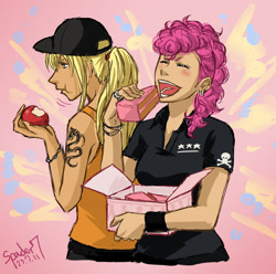 Size: 600x596 | Tagged: safe, artist:spader7, applejack, pinkie pie, human, abstract background, apple, cake, female, food, humanized, sukeban