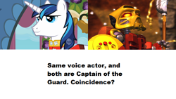 Size: 800x450 | Tagged: safe, shining armor, pony, unicorn, andrew francis, bionicle, coincidence, exploitable meme, jaller, lego, meta, mind blown, same voice actor