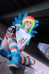 Size: 1067x1600 | Tagged: safe, artist:stunt-sheep, rainbow dash, human, clothes, cosplay, irl, irl human, photo, rainbow socks, socks, solo, striped socks, thigh highs