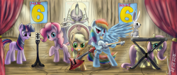 Size: 3920x1680 | Tagged: safe, artist:1vladislav, derpibooru import, angel bunny, applejack, fluttershy, pinkie pie, rainbow dash, spike, twilight sparkle, dragon, earth pony, pegasus, pony, drums, electric guitar, guitar, keyboard, microphone, musical instrument