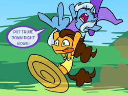 Size: 1280x960 | Tagged: safe, artist:grandpalove, derpibooru import, cheese sandwich, trixie, ask trixie and cheese, blank flank, put me down, tumblr, wheel o feet