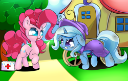 Size: 1024x652 | Tagged: safe, artist:madacon, derpibooru import, pinkie pie, trixie, earth pony, pony, first aid kit, injured, this will end in pain, trixie's wagon