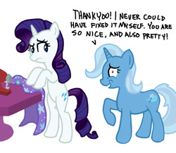 Size: 1153x1000 | Tagged: artist needed, source needed, safe, derpibooru import, rarity, trixie, pony, unicorn, out of character, sewing, trixie's cape
