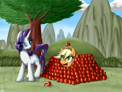 Size: 1200x900 | Tagged: safe, artist:reikomuffin, applejack, rarity, earth pony, pony, unicorn, apple, apple fort, cute, duo, eye clipping through hair, female, food, fort, hnnng, jackabetes, mare, silly, silly pony, that pony sure does love apples, tree, who's a silly pony