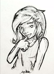 Size: 1518x2088 | Tagged: safe, artist:azkre, derpibooru import, trixie, human, humanized, monochrome, smiling, solo, traditional art