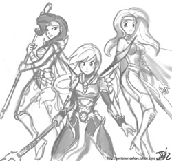 Size: 1280x1200 | Tagged: safe, artist:johnjoseco, applejack, fluttershy, rarity, human, armor, crossover, female, final fantasy, glaive, grayscale, humanized, monochrome, weapon