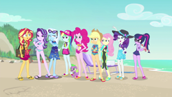 Size: 1920x1080 | Tagged: safe, artist:3d4d, artist:remcmaximus, derpibooru import, applejack, fluttershy, pinkie pie, rainbow dash, rarity, sci-twi, spike, spike the regular dog, starlight glimmer, sunset shimmer, trixie, twilight sparkle, dog, better together, equestria girls, forgotten friendship, beach, belly button, board shorts, clothes, feet, humane five, humane nine, humane seven, humane six, midriff, ocean, sand, sandals, shoulder bag, swimsuit, wetsuit