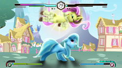 Size: 4209x2345 | Tagged: safe, artist:earthenhoof, artist:starkdust, derpibooru import, fluttershy, trixie, pegasus, pony, unicorn, them's fightin' herds, cloven hooves, community related, female, fight, fluttersheep, grin, ponyville, smiling