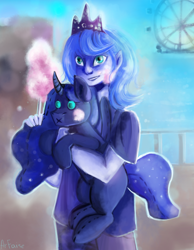 Size: 1400x1800 | Tagged: safe, artist:arfaise, princess luna, human, amusement park, clothes, cotton candy, eared humanization, humanized, plushie, pony coloring, solo