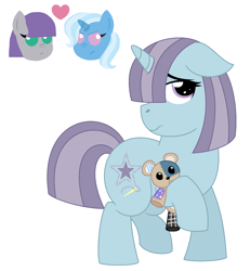 Size: 1577x1705 | Tagged: safe, artist:strawberry-spritz, derpibooru import, maud pie, trixie, oc, oc only, oc:velveteen, unicorn, female, filly, hair over one eye, heart, lesbian, magical lesbian spawn, mauxie, offspring, parent:maud pie, parent:trixie, parents:mauxie, shipping, simple background, solo, teddy bear, white background